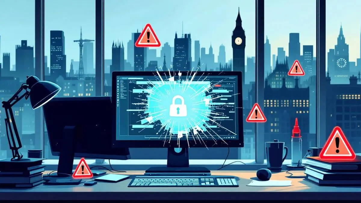 Uk office broken computer interface warning symbols cyber risk vulnerability