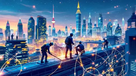 Illustration workers installing fiber optic cables urban asia pacific cityscape