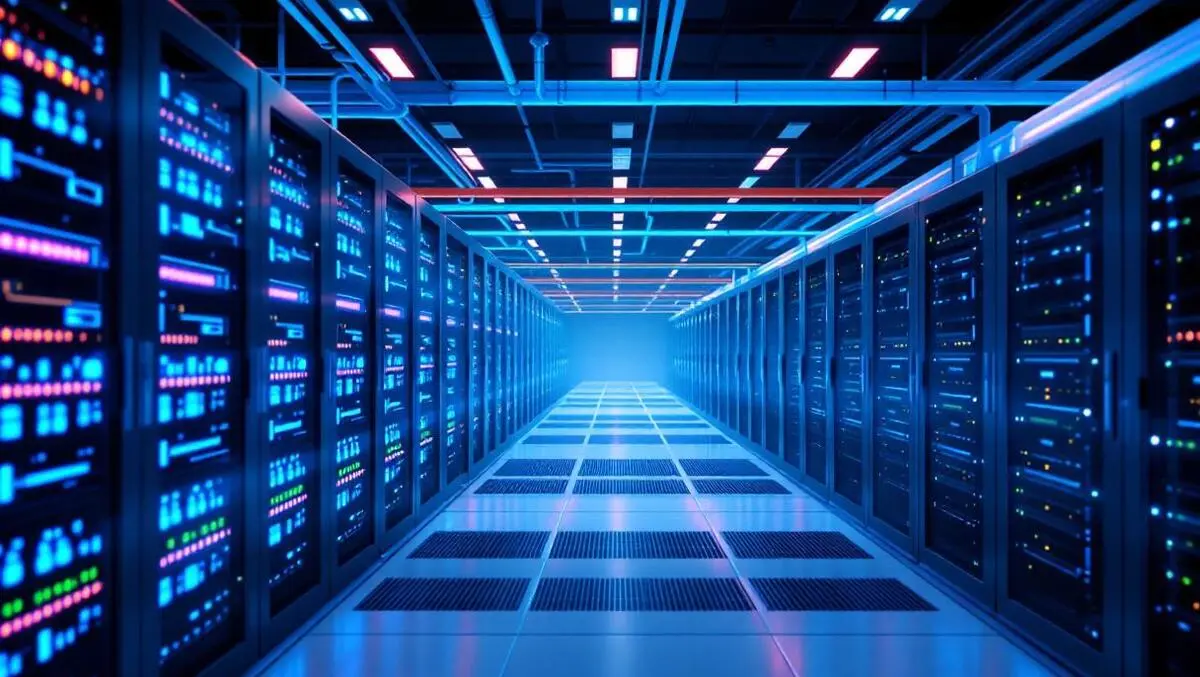 Modern data center server racks liquid cooling blue lighting efficient thermal management