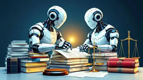 Intelligent ai robot analyzing legal documents books with judicial symbols