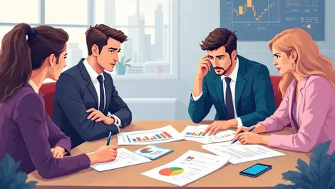 Business professionals discussing financial documents and charts in modern office