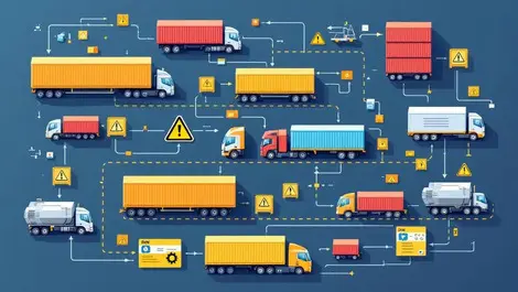 Complex supply chain network containers trucks logistics connections risk warning symbols