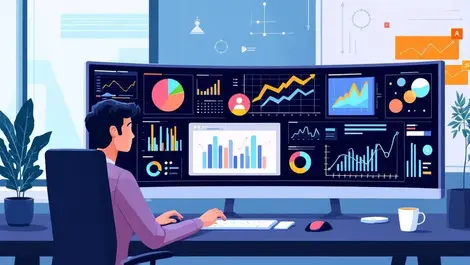Modern office workspace computer screens data visualizations ai collaboration