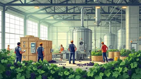 Modern winery equipment fermentation tanks automated machinery brightly lit winery