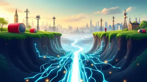 Realistic illustration underground fibre optic cables branching british cityscape