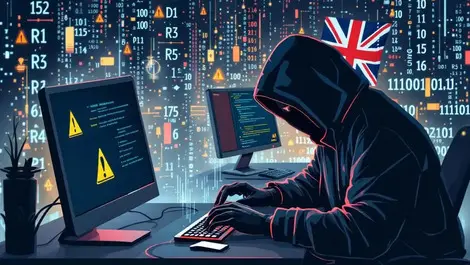 Uk financial theft digital thieves hoodies warning symbols computer data streams