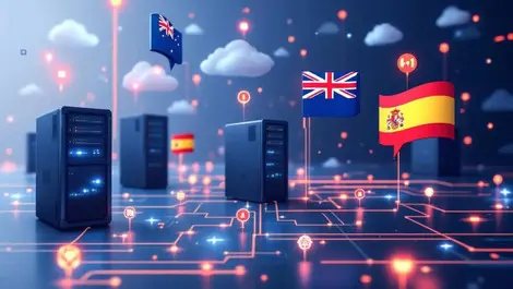 Ai powered language translation cloud servers new zealand spain flags digital symbols