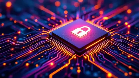 Quantum technology cybersecurity optimization computer chip glowing lines padlock maze network