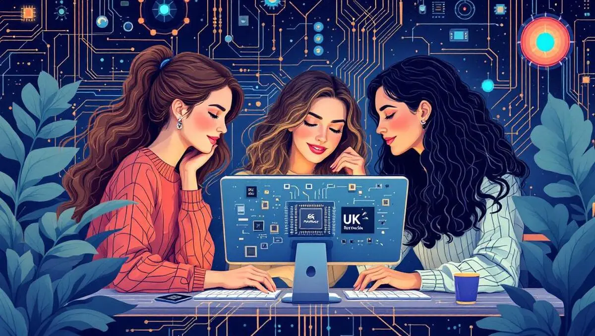 British women collaborating around computer with semiconductor chips uk tech industry teamwork