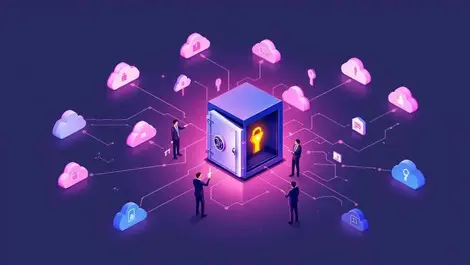 Secure digital vault surrounded by cloud icons it staff managing identity keys