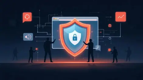 Shield encasing web browser window with digital threat elements for security