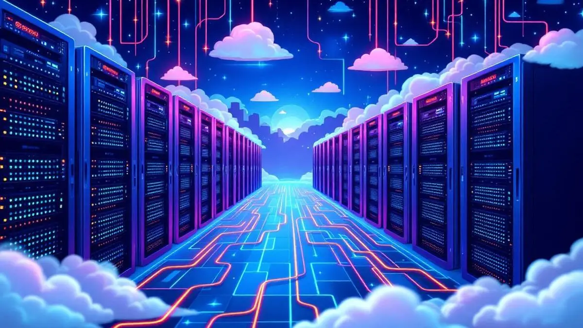 Modern data servers rows vibrant cables cloud computing infrastructure illustration