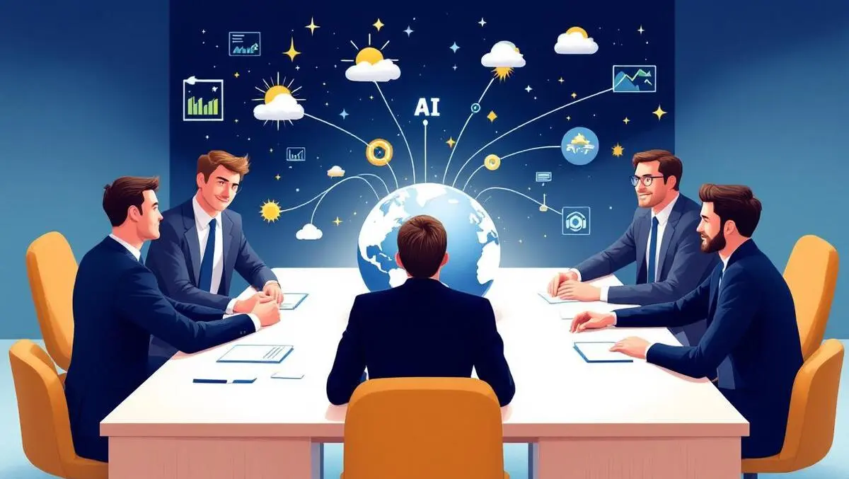 Business executives meeting globe ai risk climate strategy data lines symbols