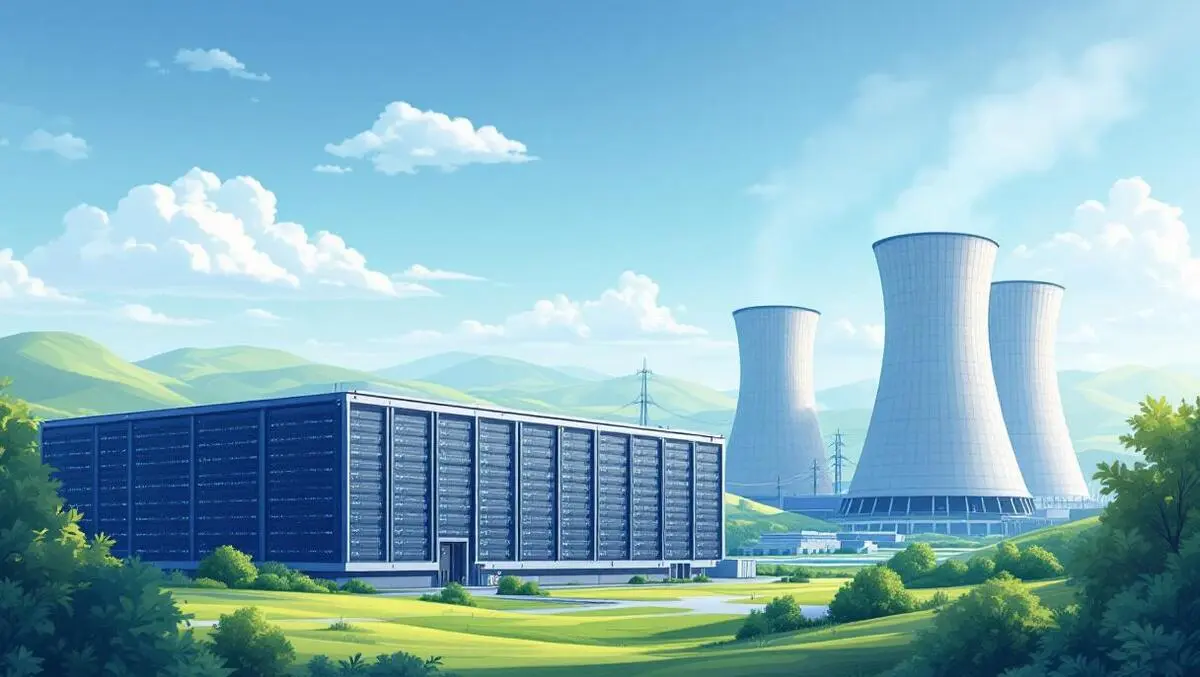 Realistic illustration large data center next to nuclear power plant cooling towers green landscape