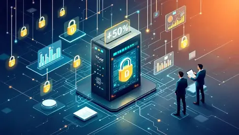 Secure server glowing locks business people reviewing data charts ai trust transparency