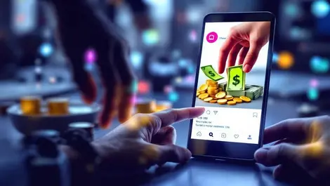 Realistic smartphone showing cash coins shadowy hands online scam symbol