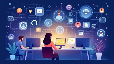 Office environment workers assisting customers computers digital icons automation efficiency customer support