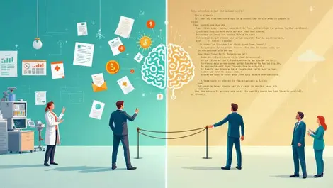 Split scene healthcare finance old fashioned equipment vs ai brain code with regulatory barrier