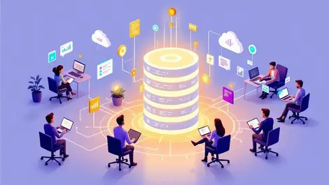 Office professionals collaborating around glowing database illustration