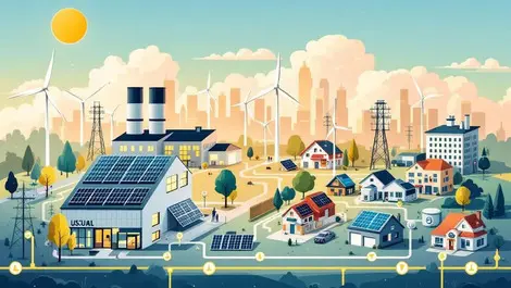 Modern industrial buildings homes solar wind smart meters energy flow us uk