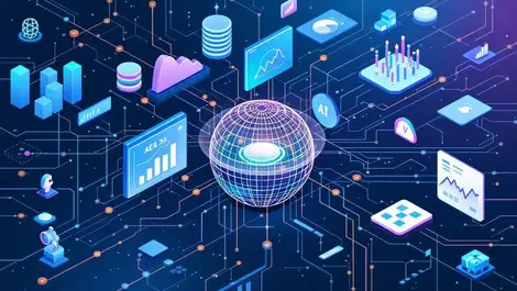 Interconnected data streams central digital platform analytic charts ai marketing insights