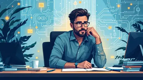 Thoughtful journalist at desk with notebooks laptops and ai circuits background
