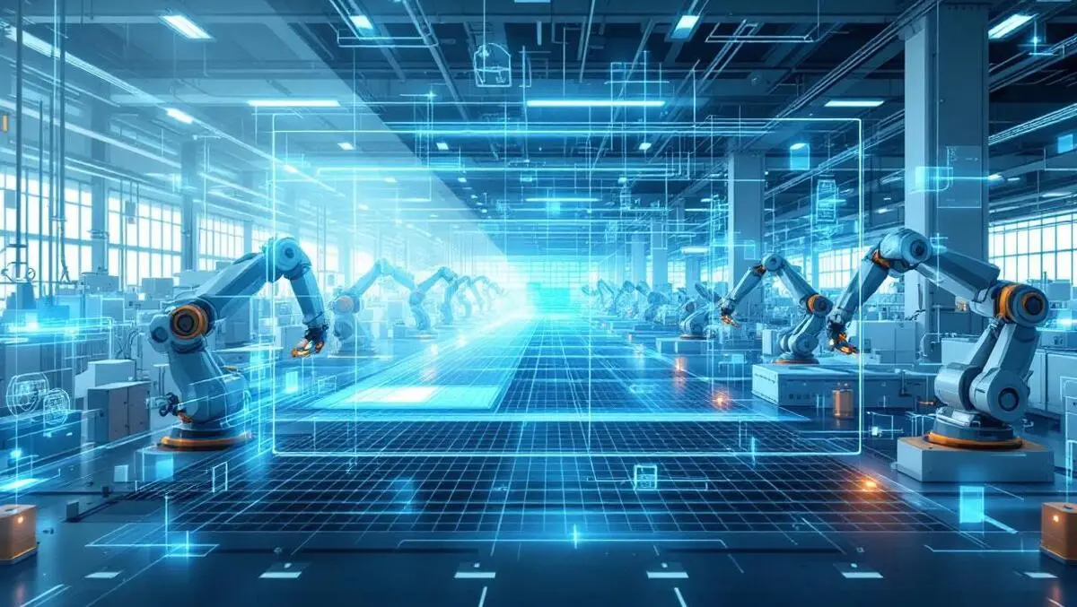 Realistic modern factory floor advanced machinery robotic arms digital double