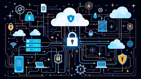 Detailed illustration computer network servers devices cloud locks shields ai security