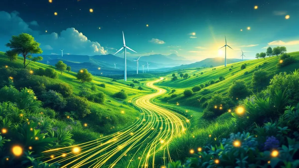 Glowing fiber optic cable lush green landscape data centers wind turbines energy efficient ai renewable europe