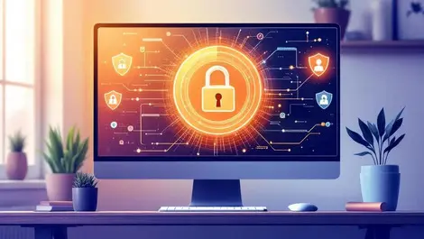 Computer screen secure lock icon shield graphics online privacy protection modern home office