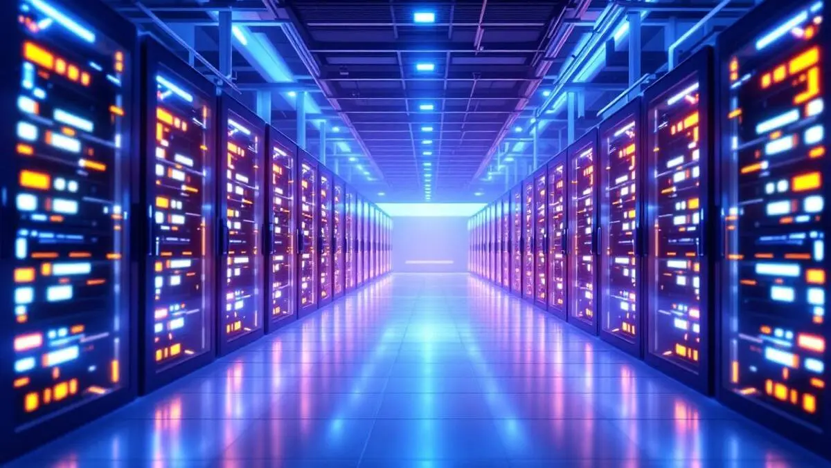 Realistic illustration large energy efficient data center glowing server racks