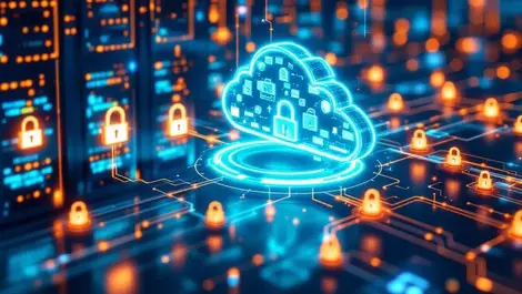 Modern data center secure locked servers glowing pathways cloud security global fintech