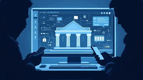 Realistic bank computer screen digital interface shadowy cybercriminals uk banks