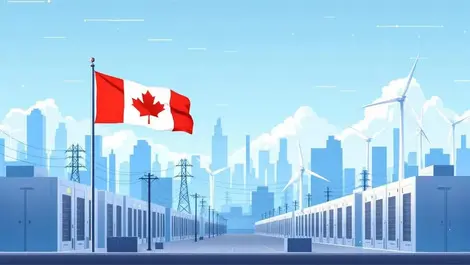 Canadian data center campus flag wind turbines ai sky illustration