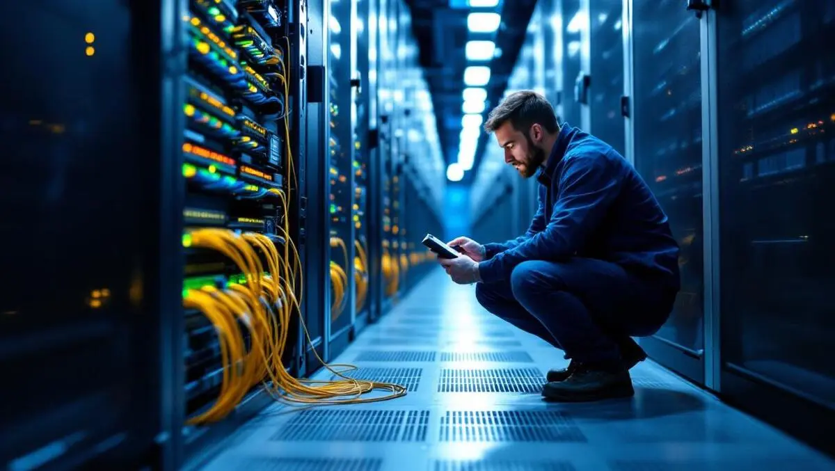 Technician testing fibre optic cables in modern data centre aisle