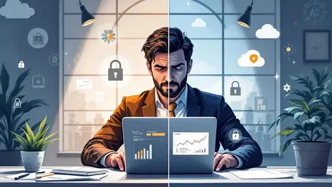 Accountant dual mood ai security dashboards in modern office scene