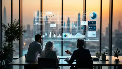 Dubai skyscraper office team collaboration transparent data dashboard