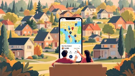 Nz suburban neighborhood couple using mobile property map app
