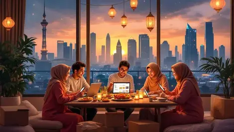 Ramadan family evening online shopping southeast asia skyline