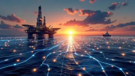 Dutch north sea oil rig sunrise with undersea data cables it ot