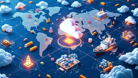 Global supply chain network london central secure hub glowing paths