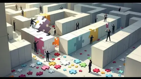 Corporate office maze businesspeople with oversized puzzle pieces