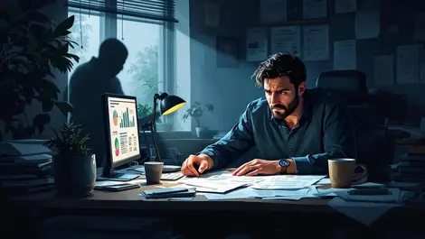 Uk small business owner fake insurance fraud moody office scene