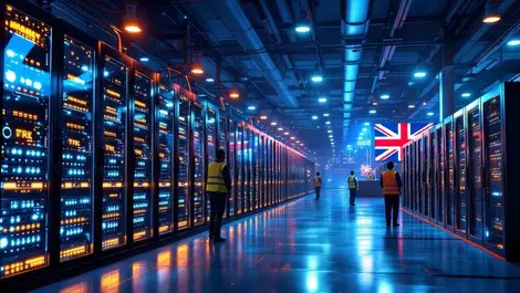 Photorealistic uk data centre night view servers technicians large scale