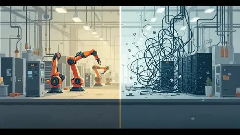 Ai factory robots vs chaotic data cables broken servers scene