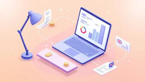 Isometric uk landlord desk digital tax bookkeeping coins laptop