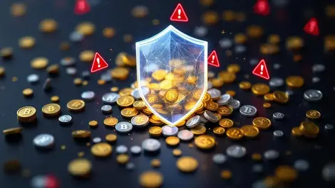 Digital shield protecting crypto coins blocking online scams