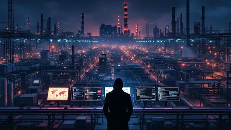 Japan factory night ransomware attack shadow figure network