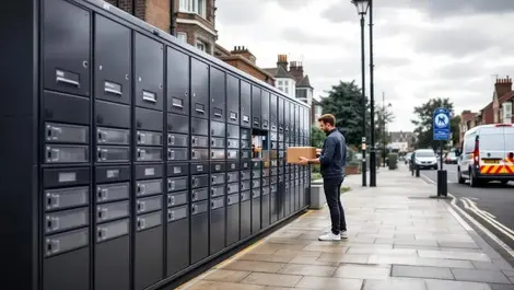 Modern parcel lockers uk street sidewalk delivery van scene