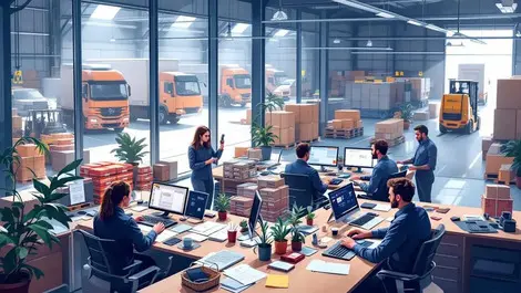 Busy uk logistics office warehouse staff forklifts trucks view